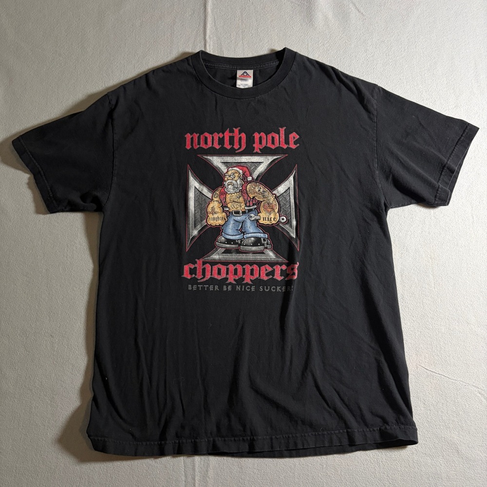 AAA North Pole Choppers Santa Biker Black Graphic T-Shirt Mens XL Iron Cross‎